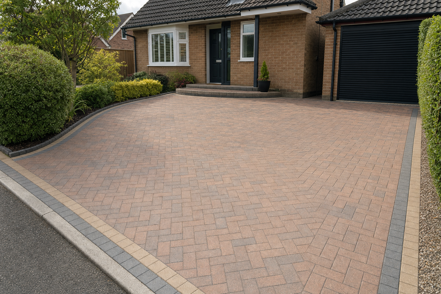 Newly laid block paving driveway in front of a brick house with a black garage door and tidy garden plants.