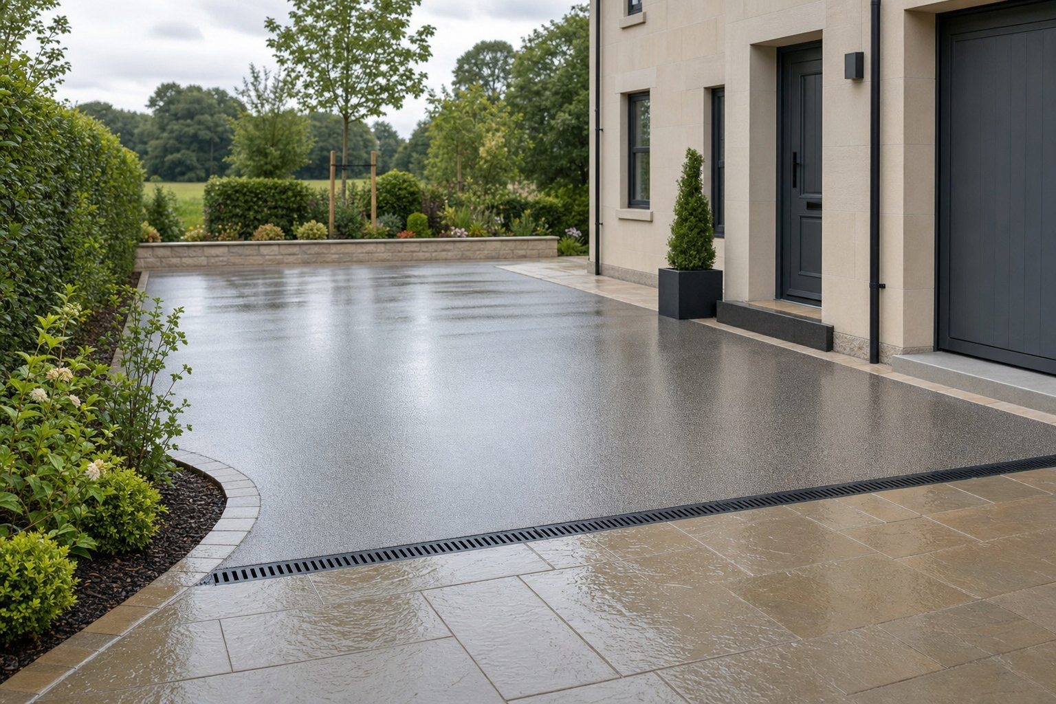 A clean, wet resin driveway with surrounding greenery leads to a modern house entrance.