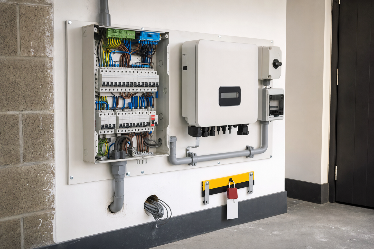Electrical fuse box and circuit breaker panel installed on a white wall indoors.