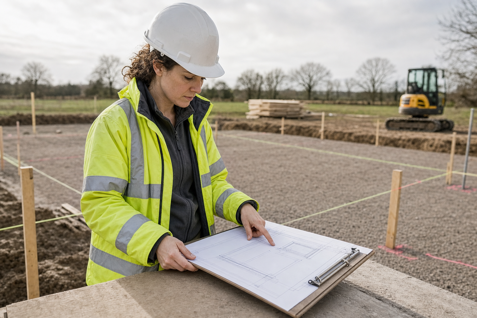 Construction worker in high-vis clothing examines blueprints at a building site with machinery in the background.