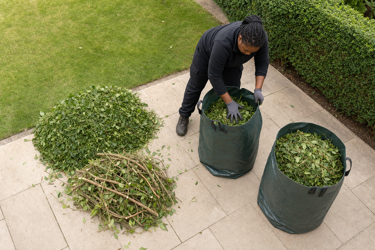 Person collects leaves and branches into large green bags next to a well-manicured lawn and hedge.