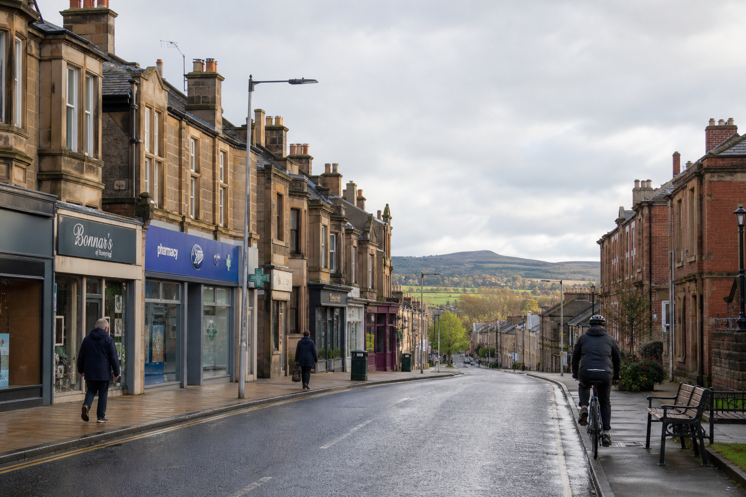 A cyclist rides down a quiet British high street with shops and houses, against a backdrop of rolling hills.