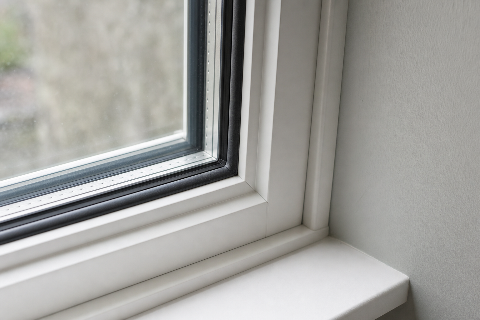 Close-up of a white window frame with double glazing and a grey seal.