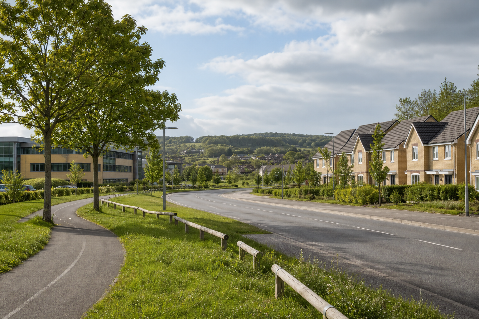 A sunny suburban street with cycle path, lined with trees and modern houses, leading to a backdrop of green hills.