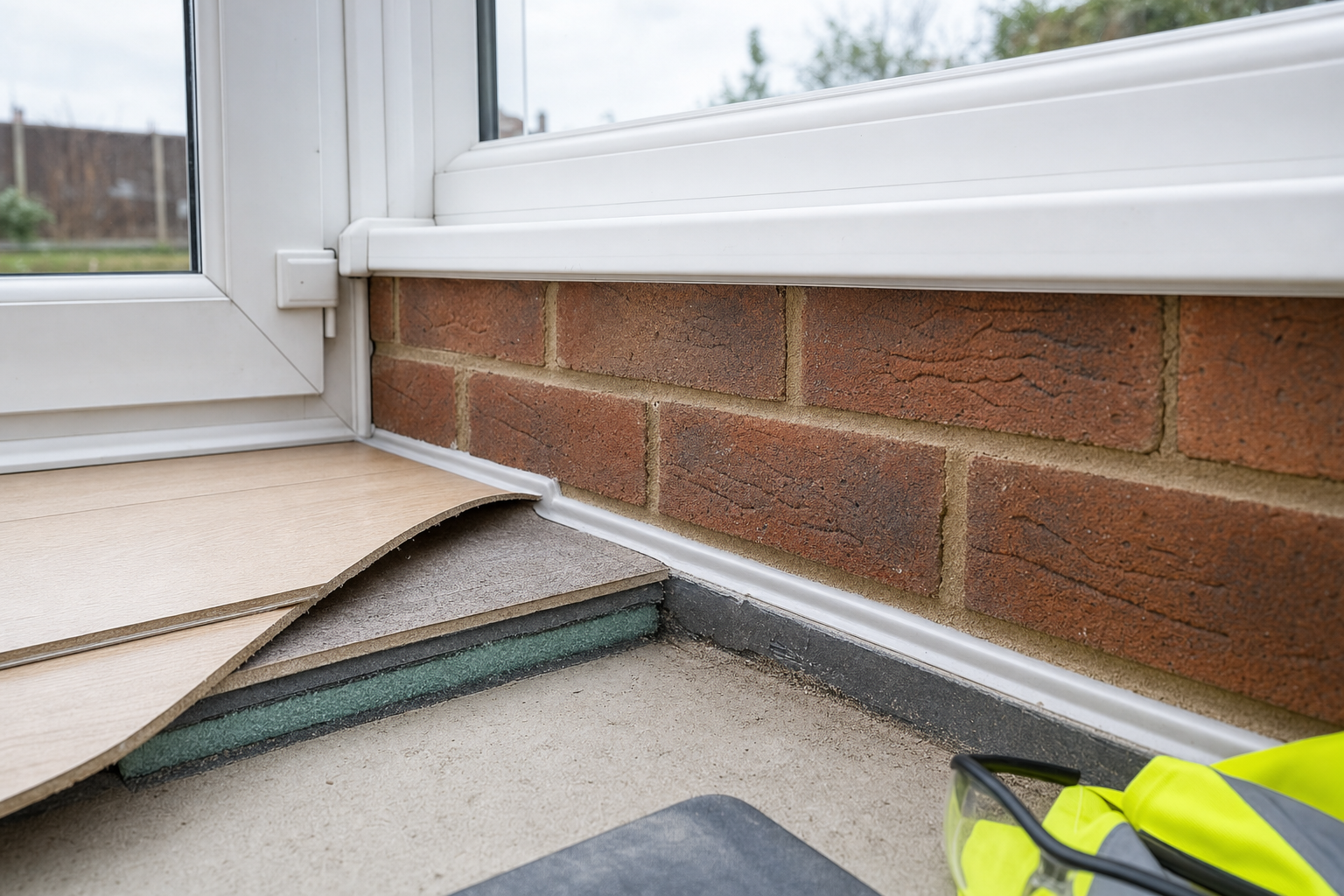 Partially installed laminate flooring in a home extension near a red brick wall and window frame, with safety goggles nearby.