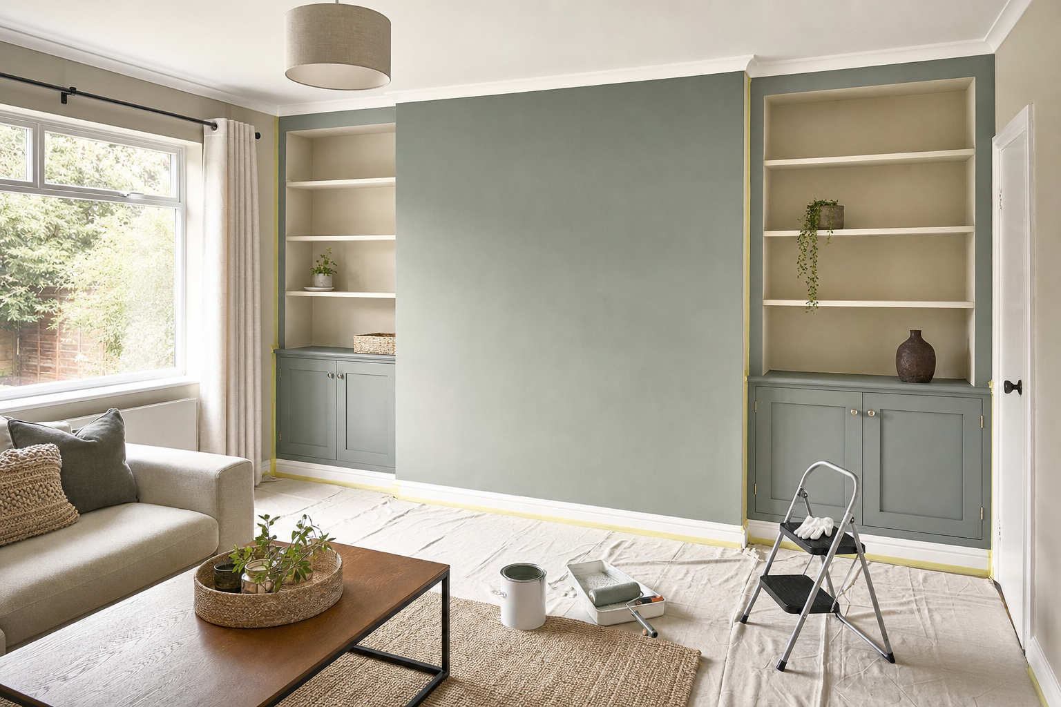 A living room under renovation with painted green walls, a sofa, and painting supplies on the floor.