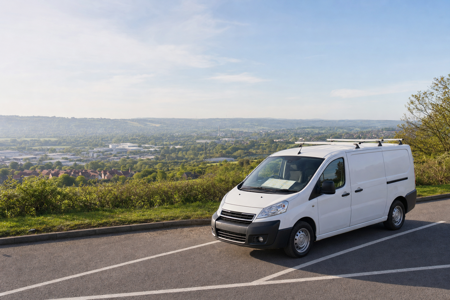 White van parked on a scenic overlook with lush green landscape and distant hills in the background.