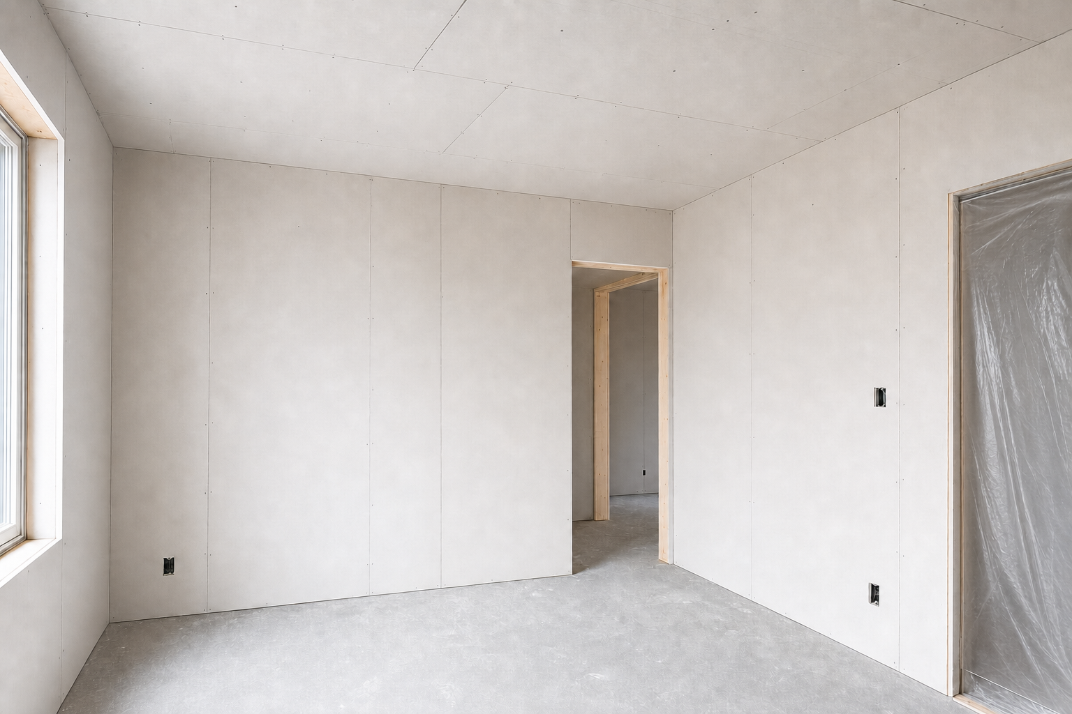 Unfinished room with drywall installation, featuring bare walls and a window.
