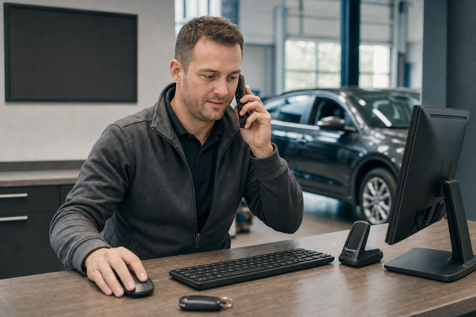 Man using a computer and speaking on a smartphone at a desk, with a car visible in the background.