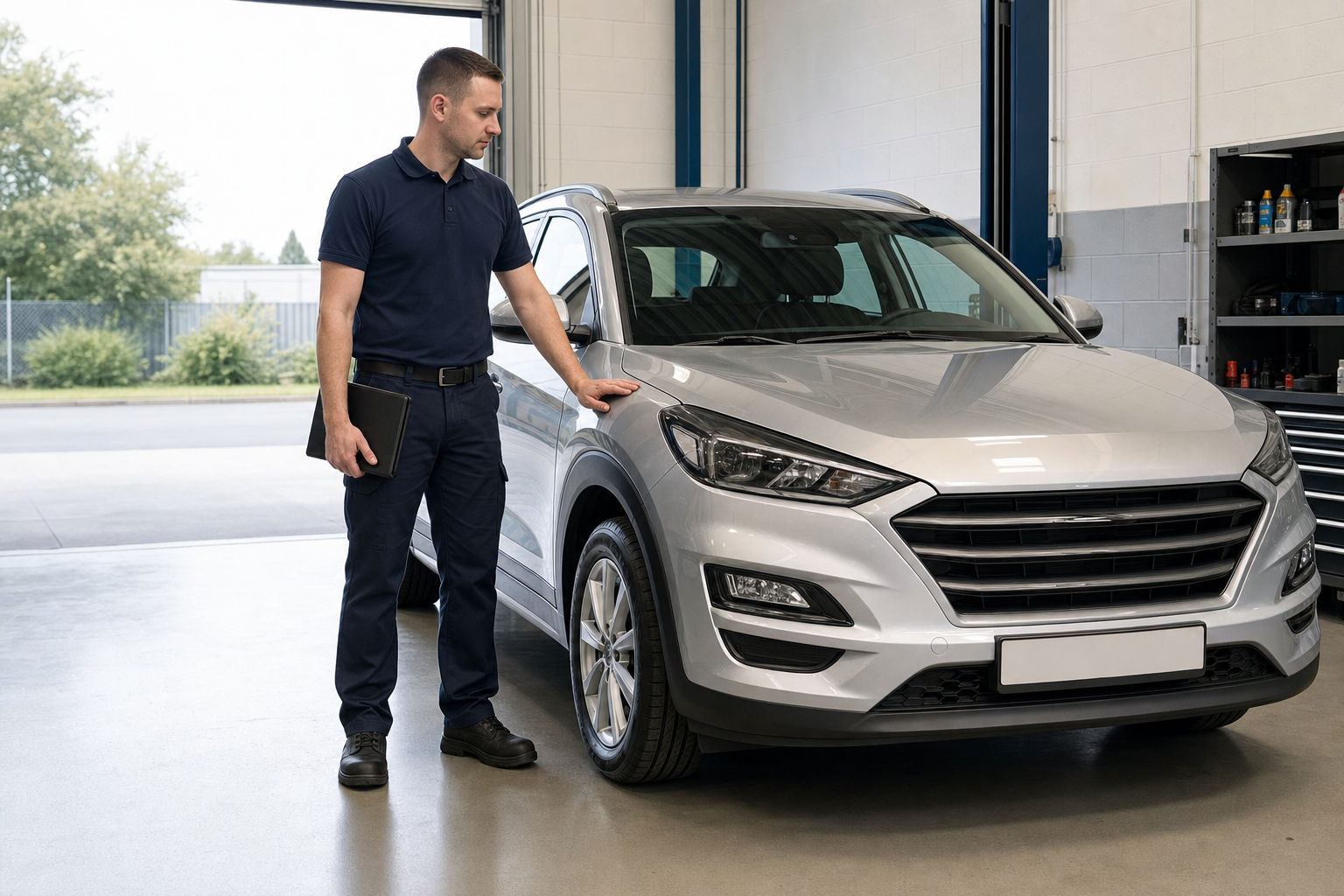 Mechanic inspecting a silver SUV in a garage workshop.