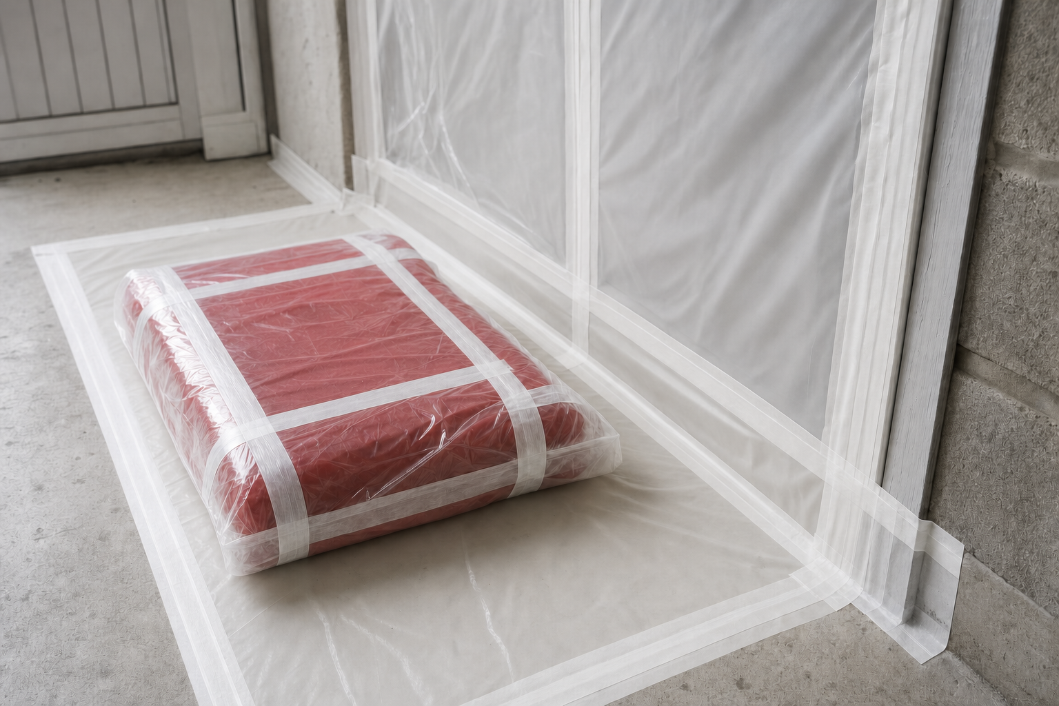 A red package wrapped in plastic and taped, positioned on a concrete floor near a wall.