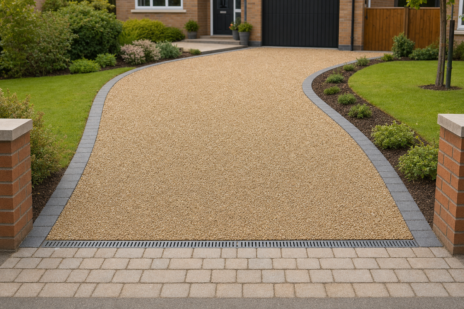 A gravel driveway lined with neat garden beds leads to a modern brick house entrance.