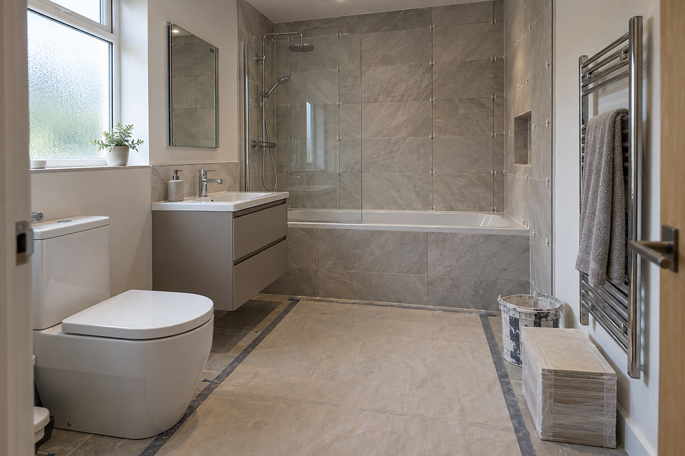 Modern bathroom with grey tiled walls, a bath with a shower, and a toilet beside a large window.