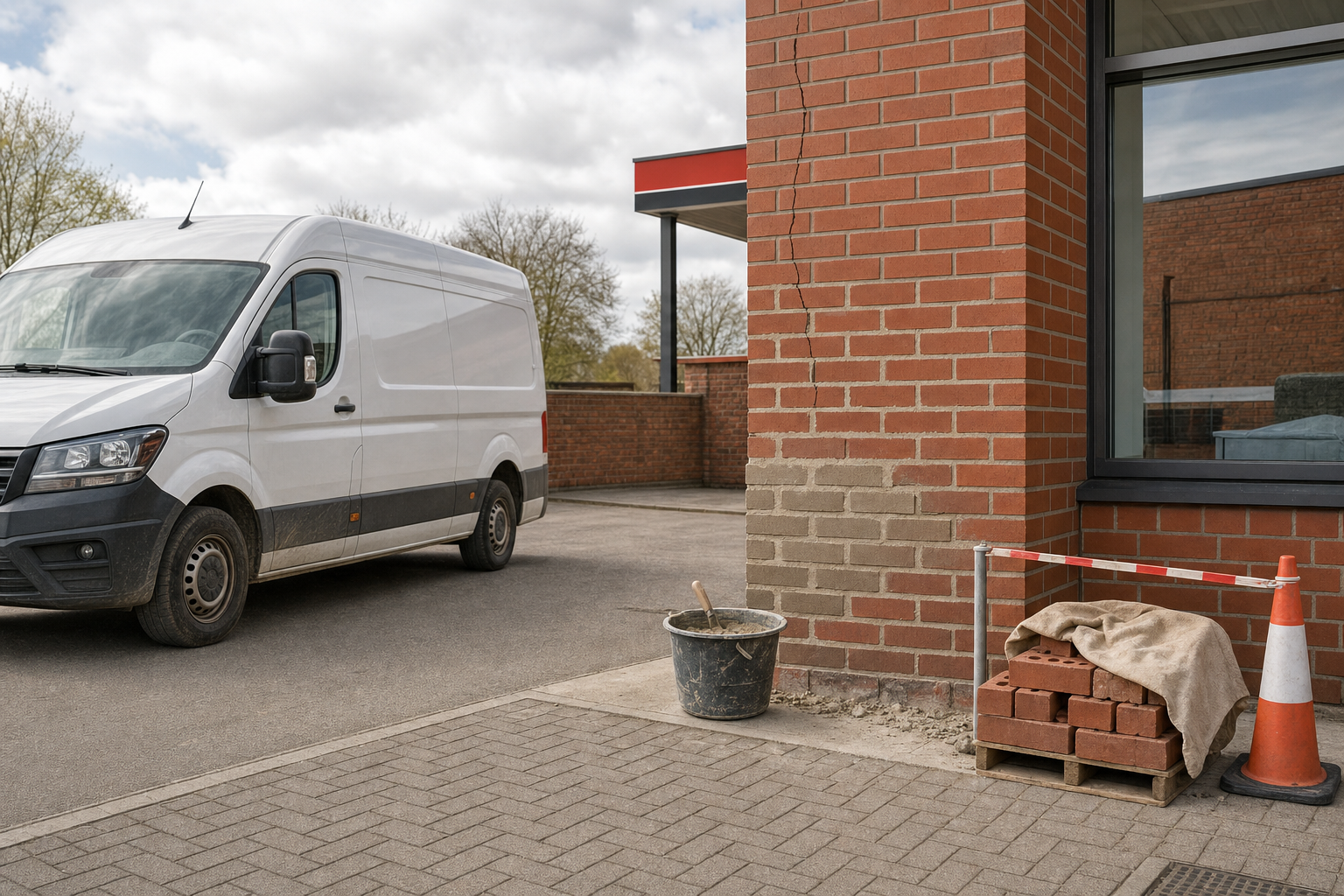 White van parked beside a brick building with a crack, near construction materials including bricks, a bucket, and a traffic cone.