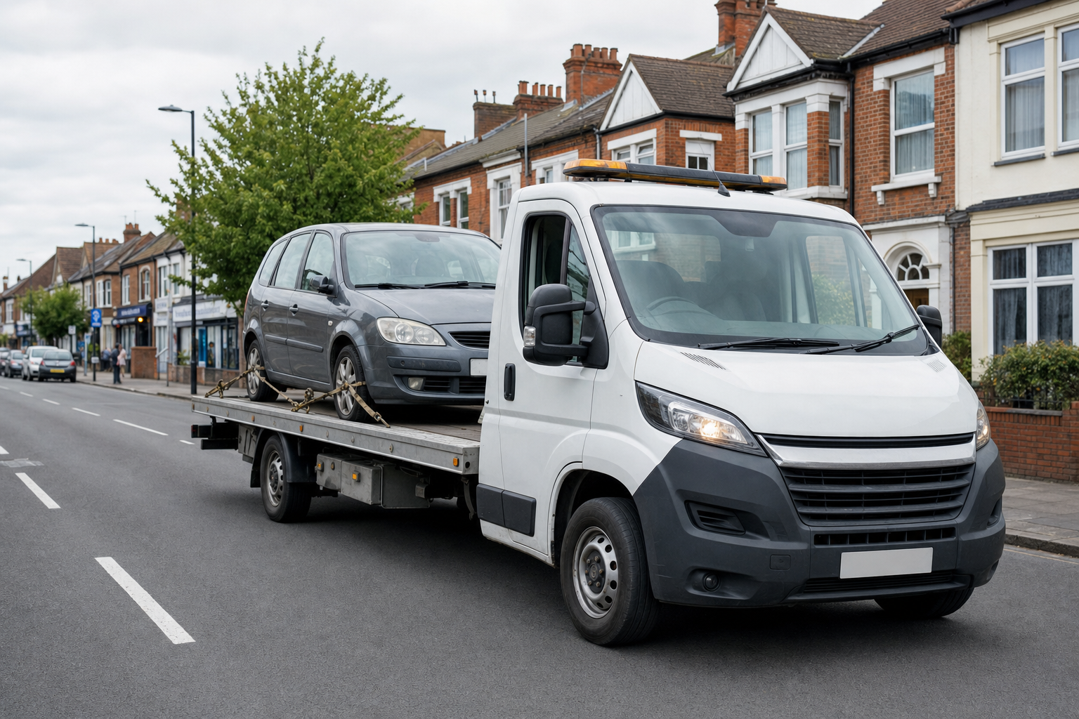 A flatbed tow truck transports a grey car on a residential street lined with terraced houses.