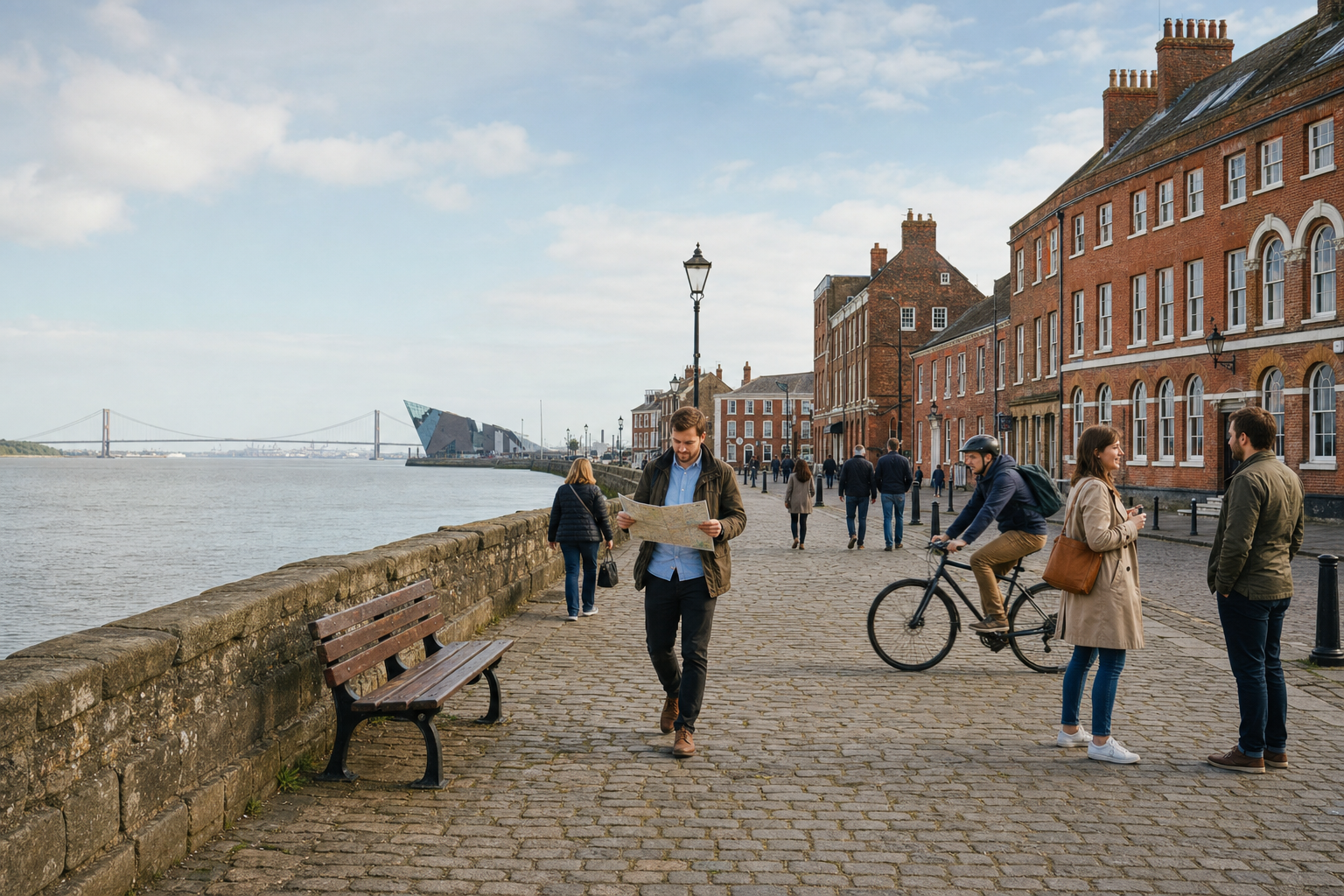 People are strolling and cycling along a cobblestone riverside path with historic buildings and a large bridge in the background.