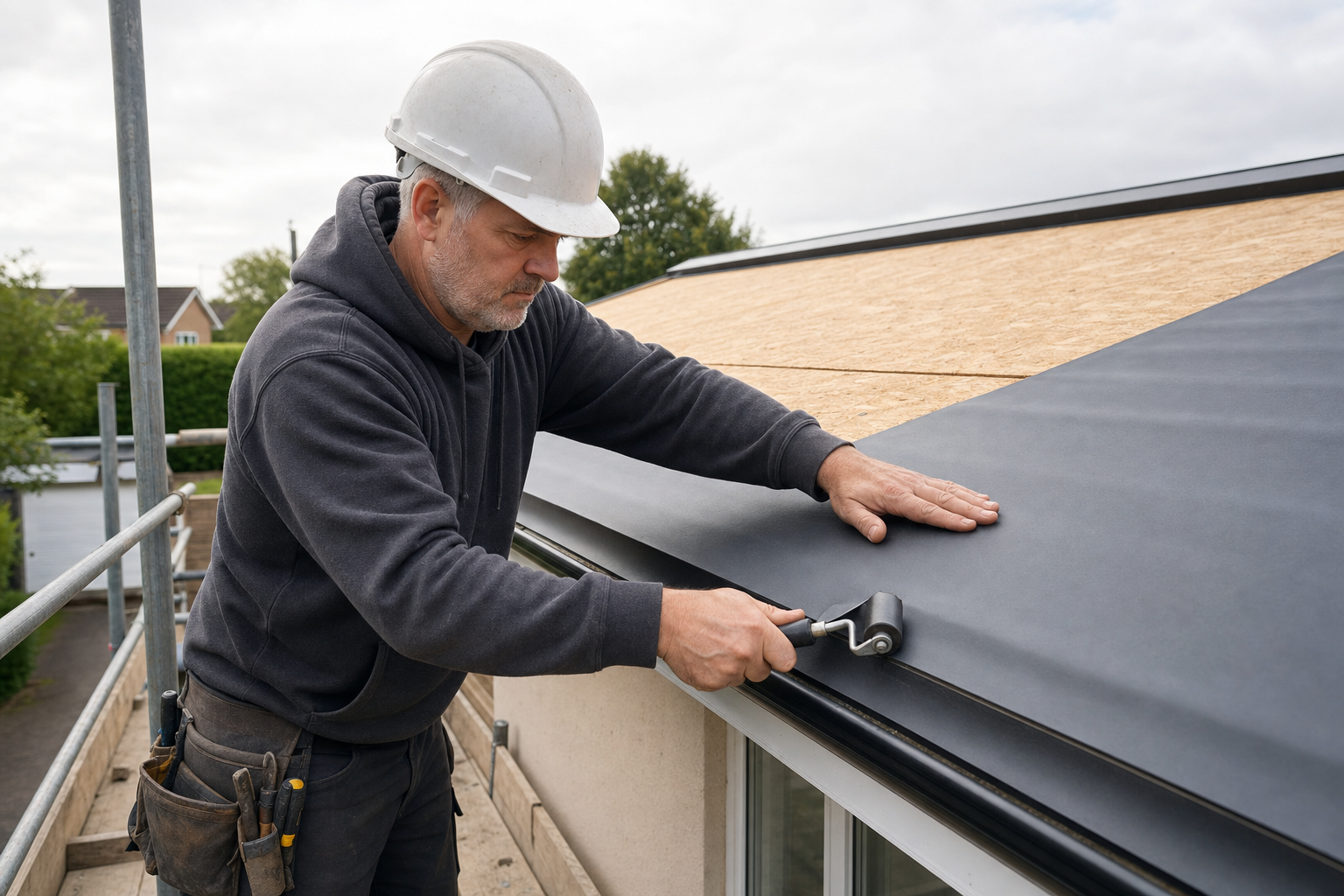 A construction worker in a hard hat applies roofing material with a roller on a building under construction.
