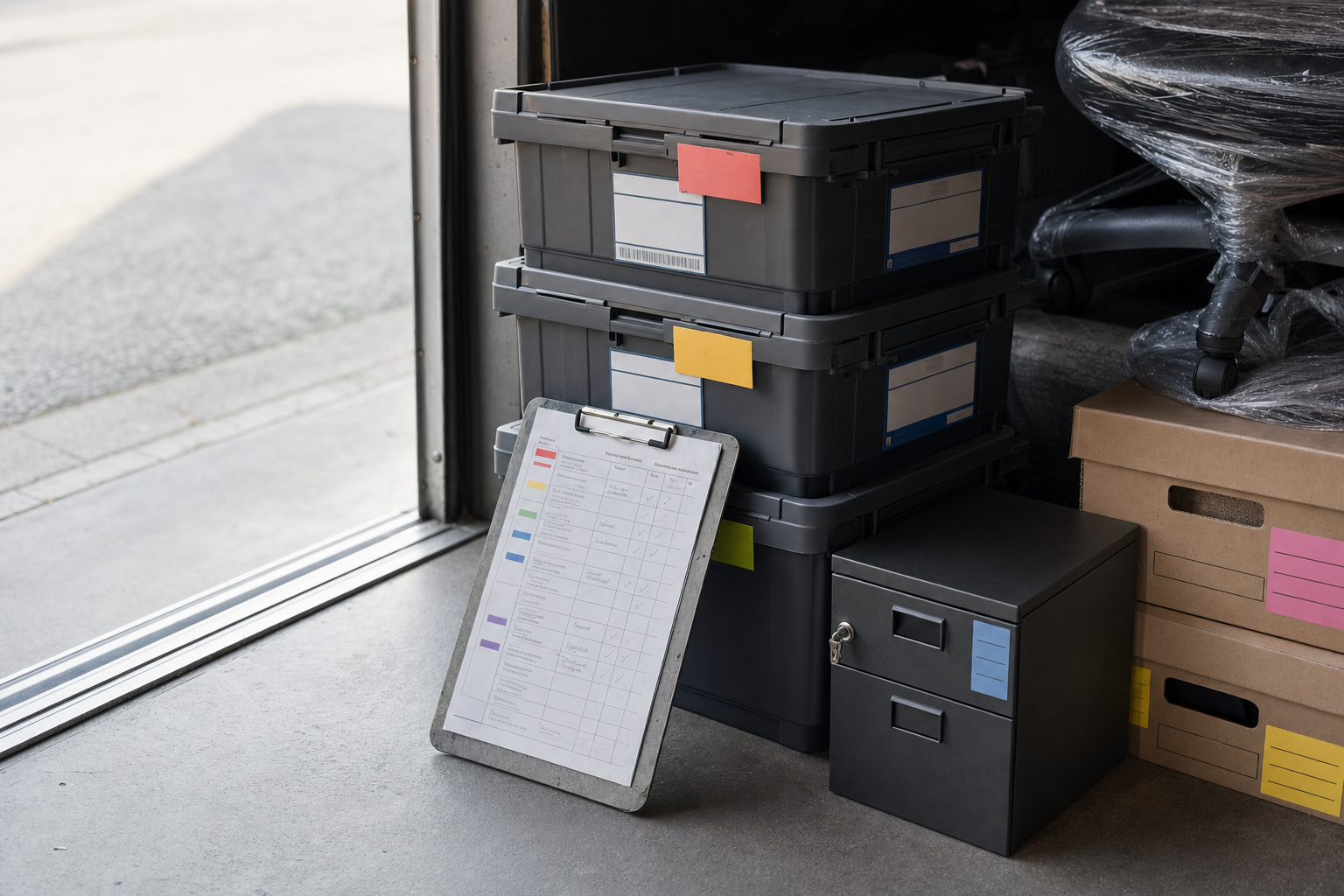 Stacked storage boxes with coloured labels beside a clipboard and a small filing cabinet in a workspace.
