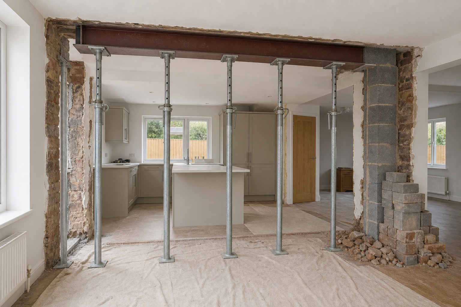 Steel support beams hold up a partially demolished interior wall in a kitchen under renovation.