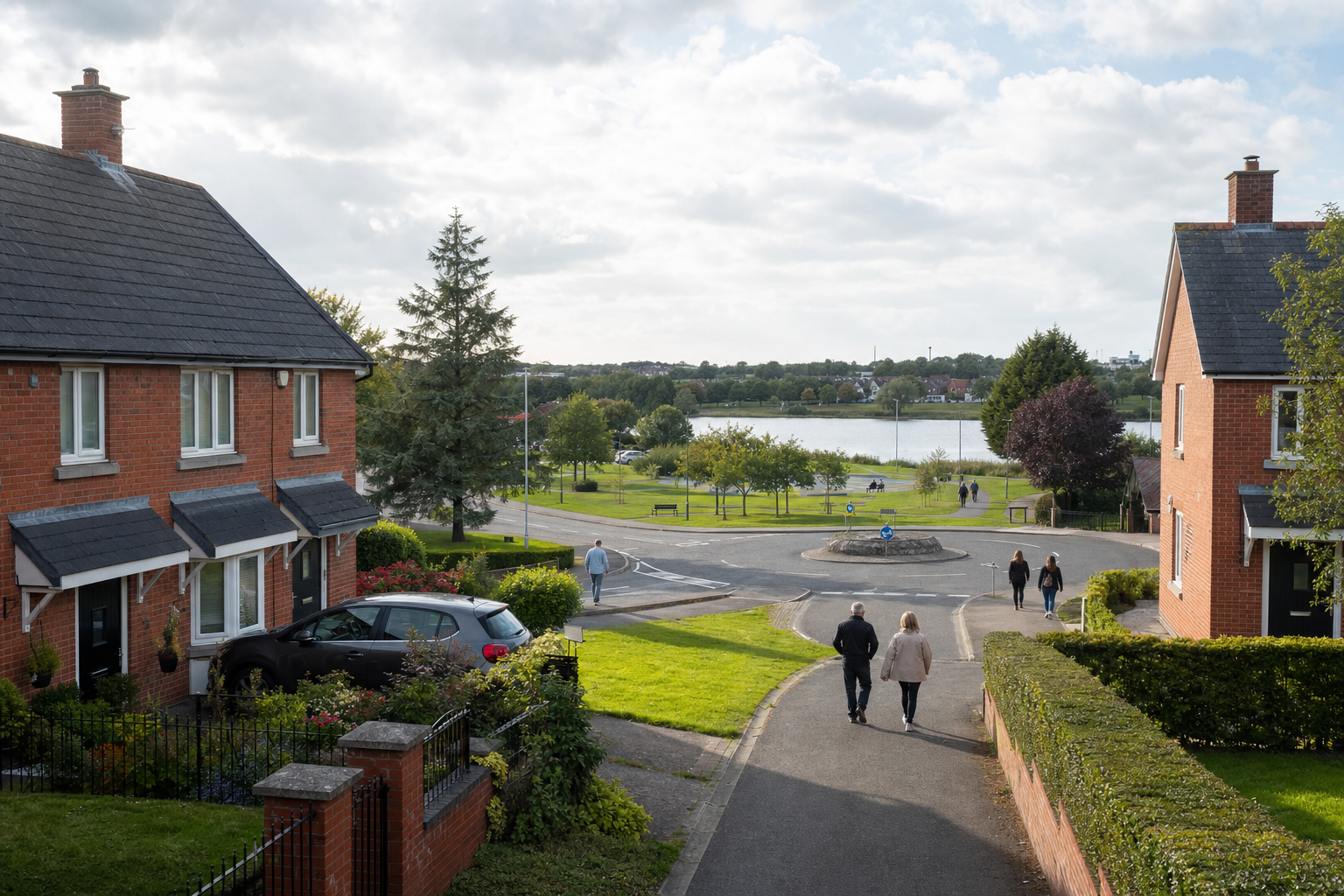 People walking through a suburban area with brick houses and a lake in the background.