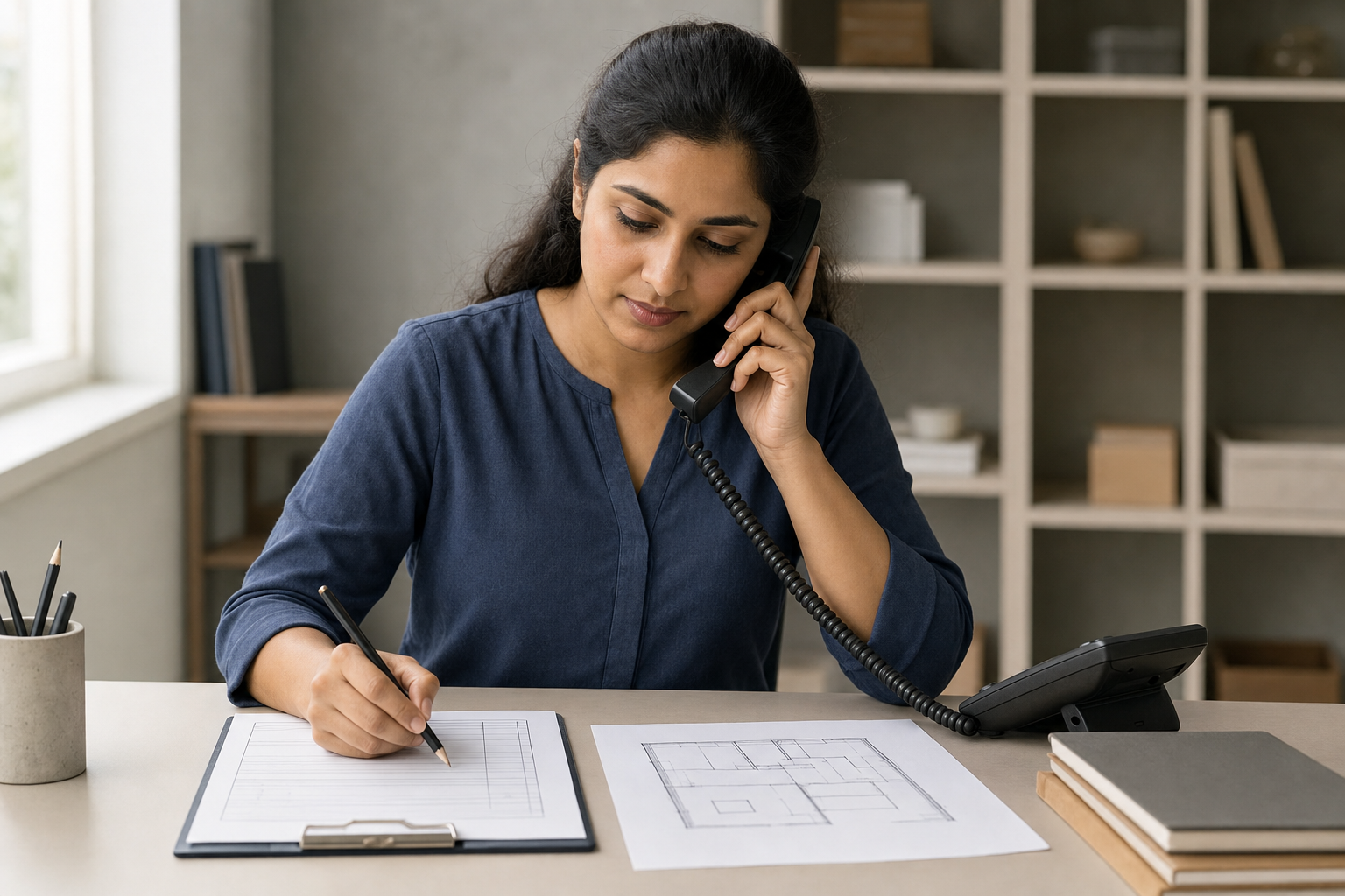 Woman in a blue shirt talking on the phone while writing notes at a desk with architectural drawings.