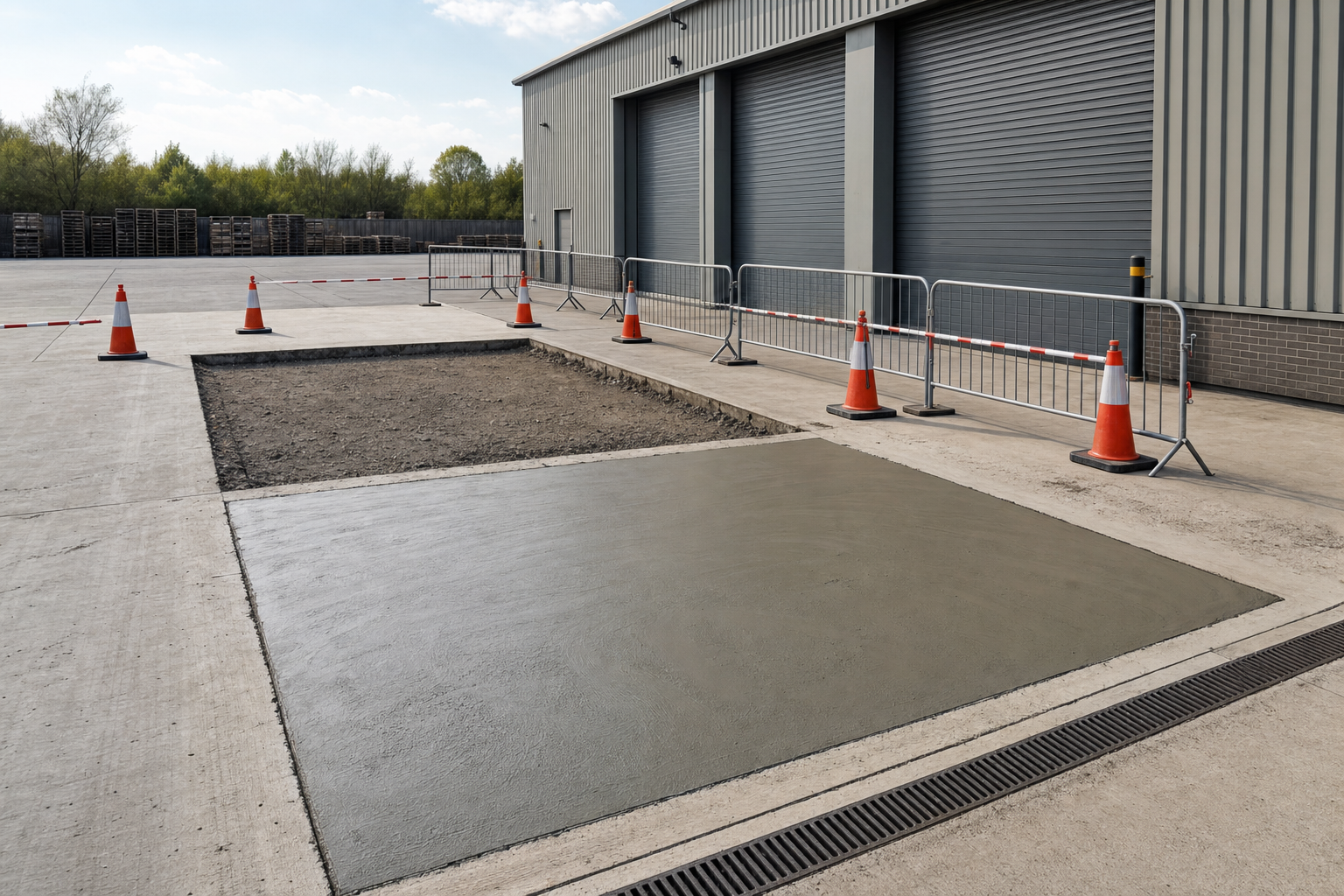 Freshly poured concrete section on a construction site, surrounded by traffic cones and barriers near an industrial building.