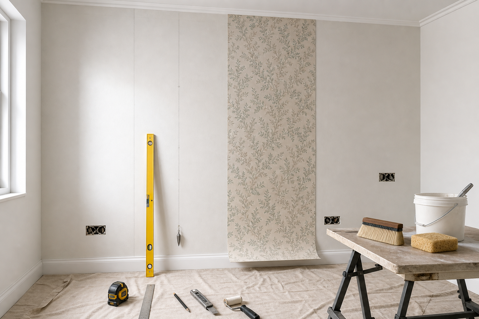 Room being wallpapered with floral pattern, tools, and materials scattered around.