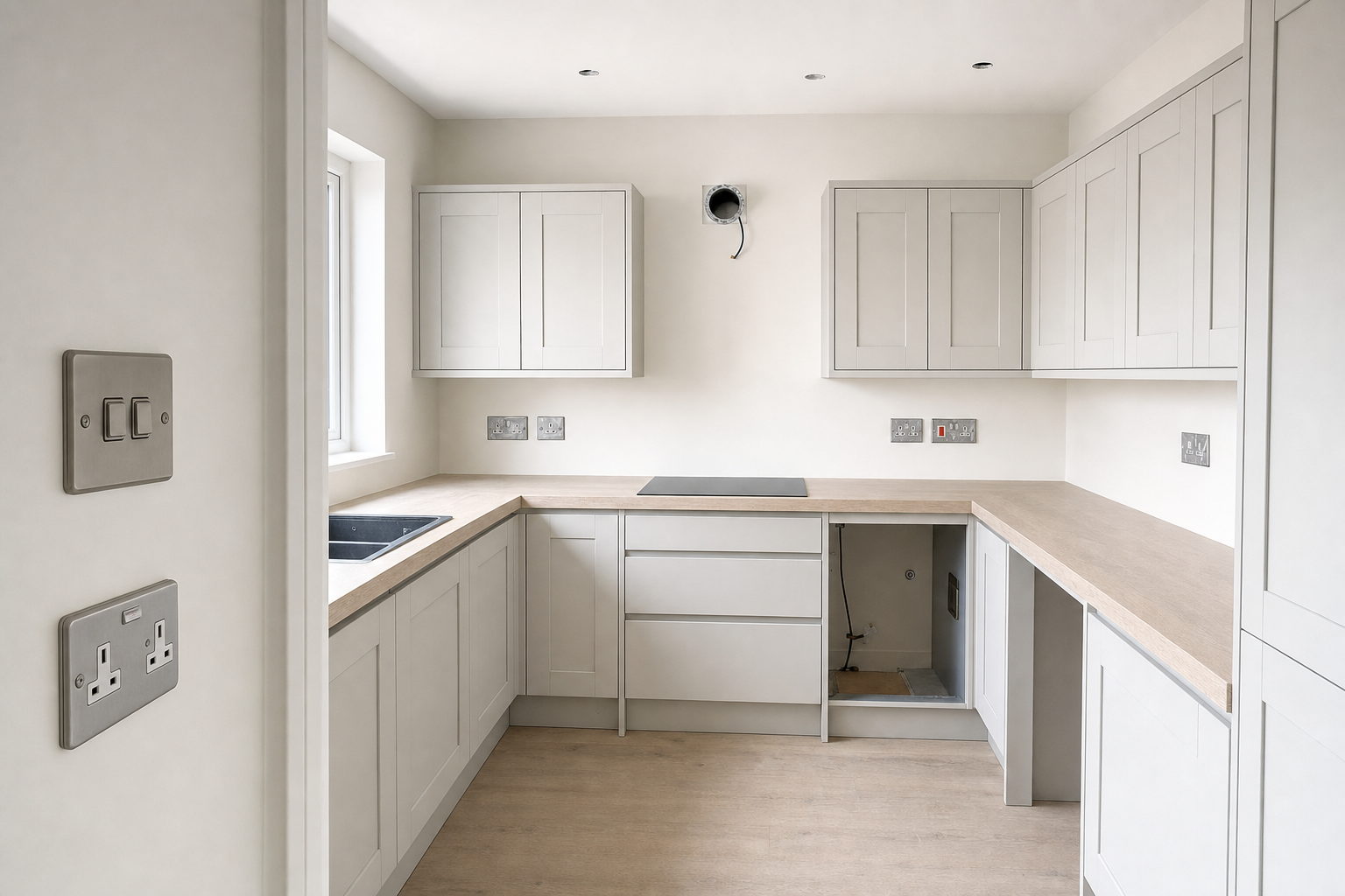 A modern, unfurnished kitchen with white cabinets, wood countertops, and multiple power outlets on a light-coloured wall.