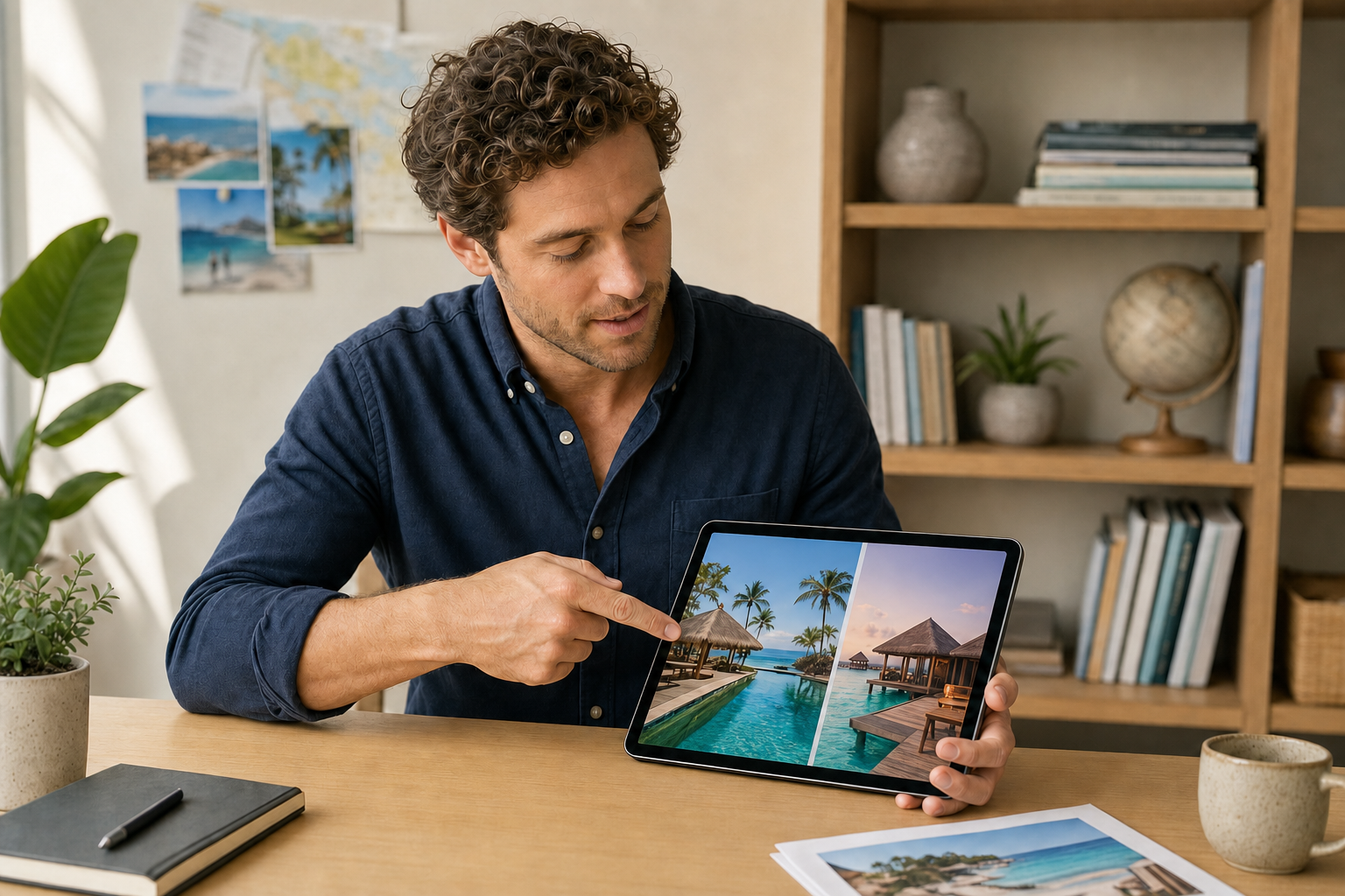 Man in a casual office pointing at a tropical resort image on a tablet, with travel photos on the wall.