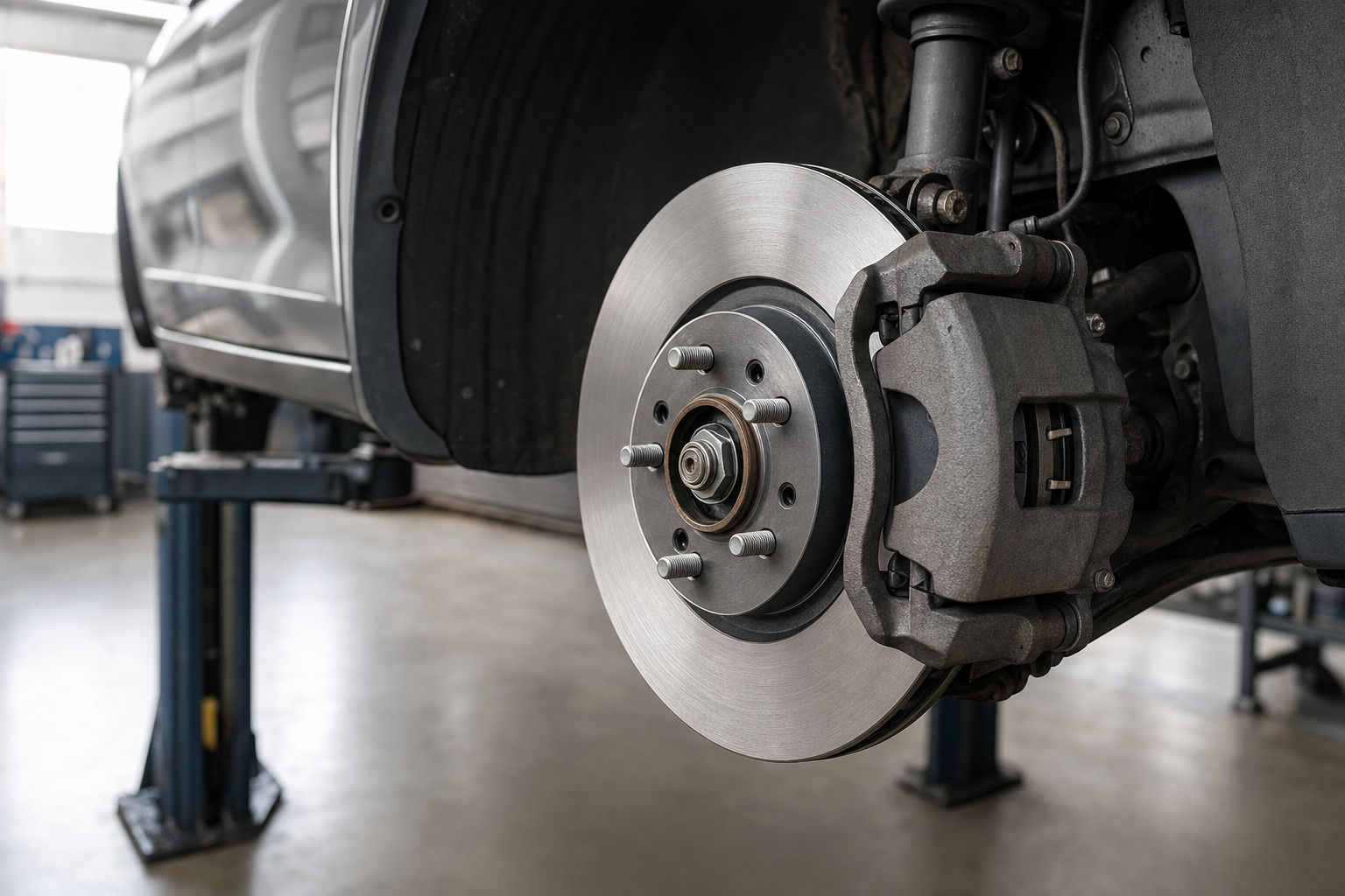 Close-up of a car brake disc and caliper assembly on a hydraulic lift in a garage setting.