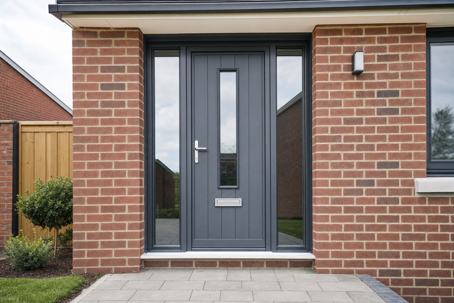 Modern grey front door with glass panels set in a red brick exterior, flanked by side windows.