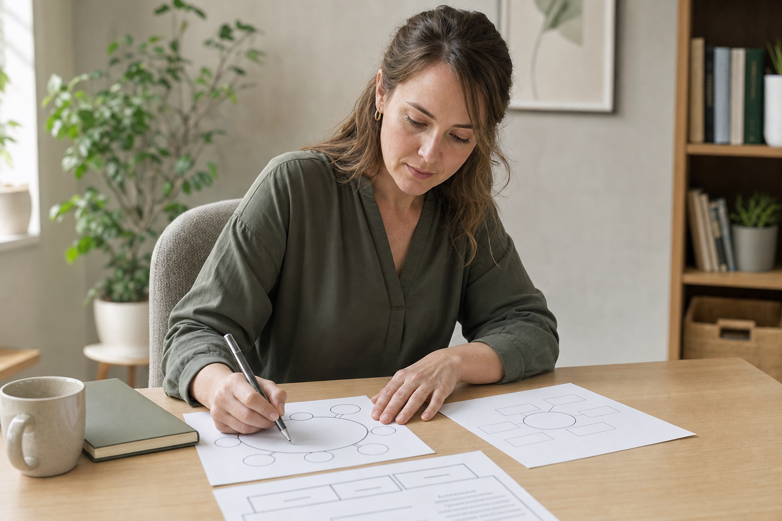 Woman sitting at a desk drawing a diagram on a piece of paper, surrounded by plants and books.