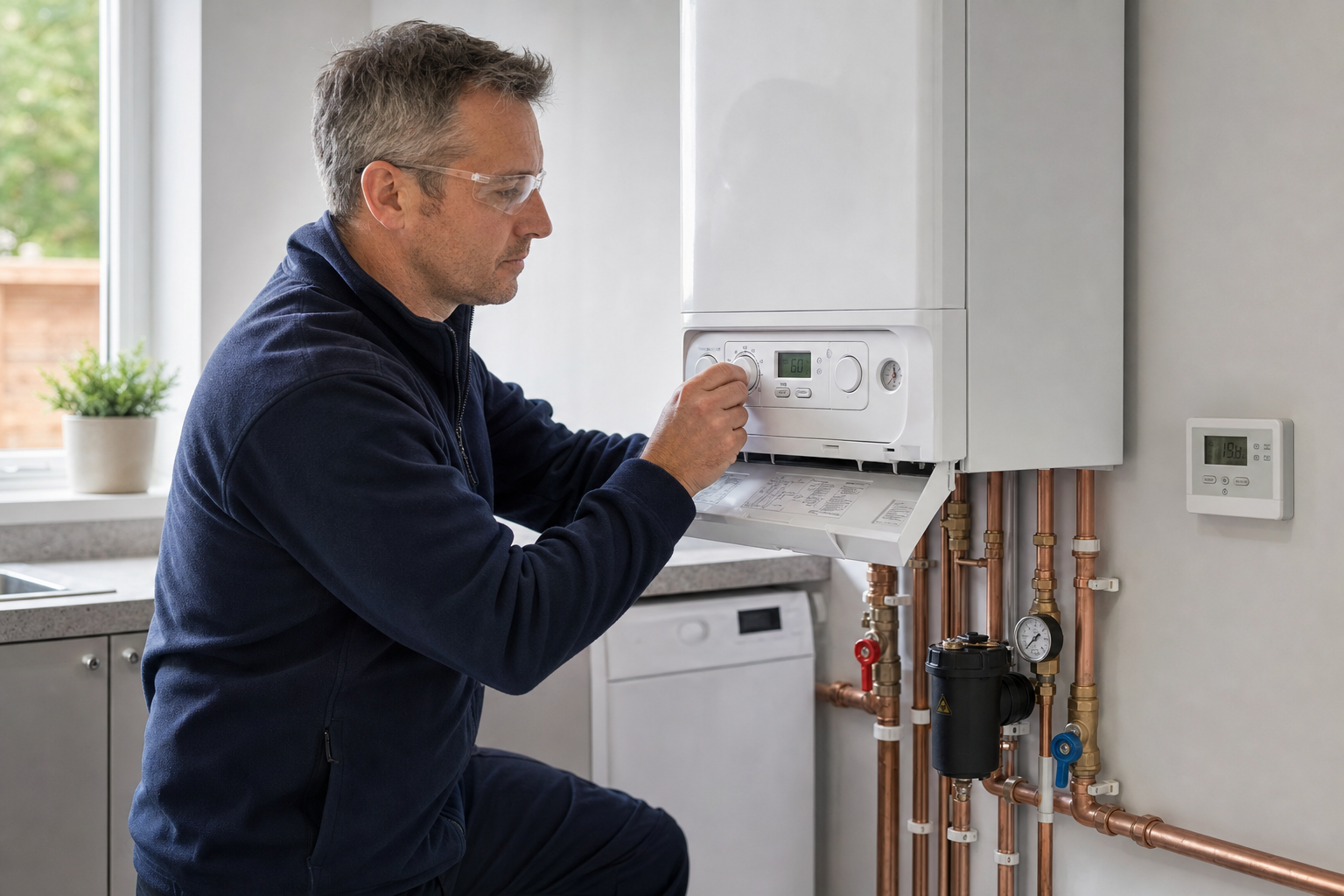 A man wearing safety glasses adjusts the settings on a wall-mounted boiler in a kitchen.