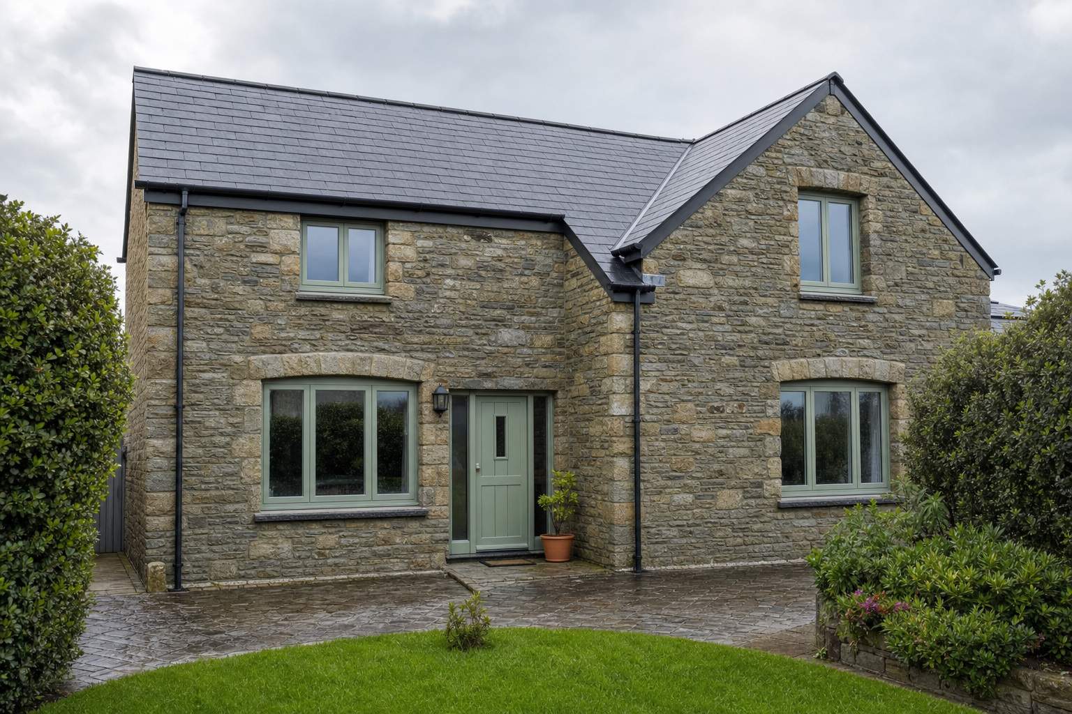 Stone cottage with grey roof and green door, surrounded by greenery and a neat lawn under a cloudy sky.