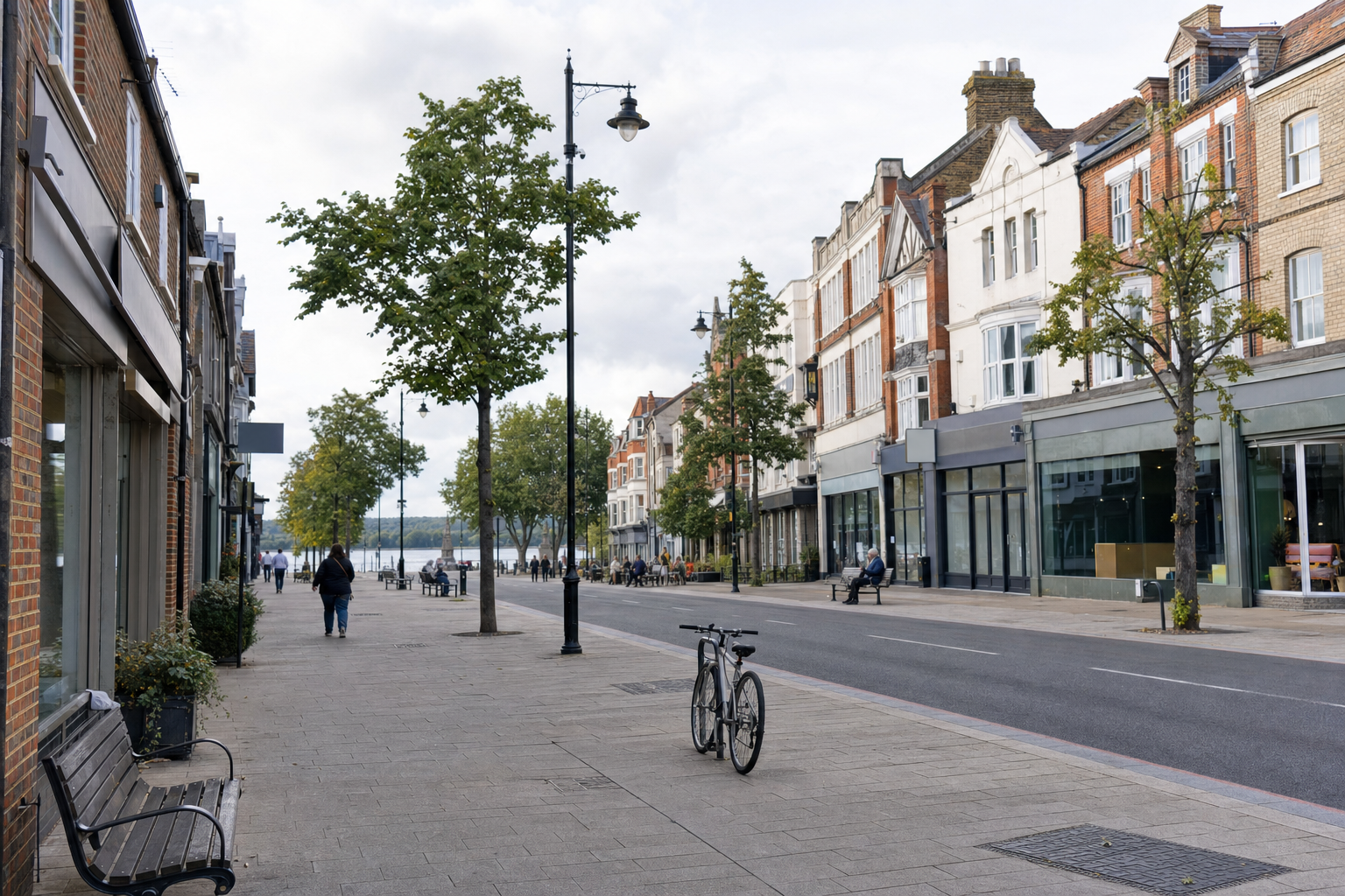 A quiet street scene with bicycles and people walking, flanked by old buildings and trees.