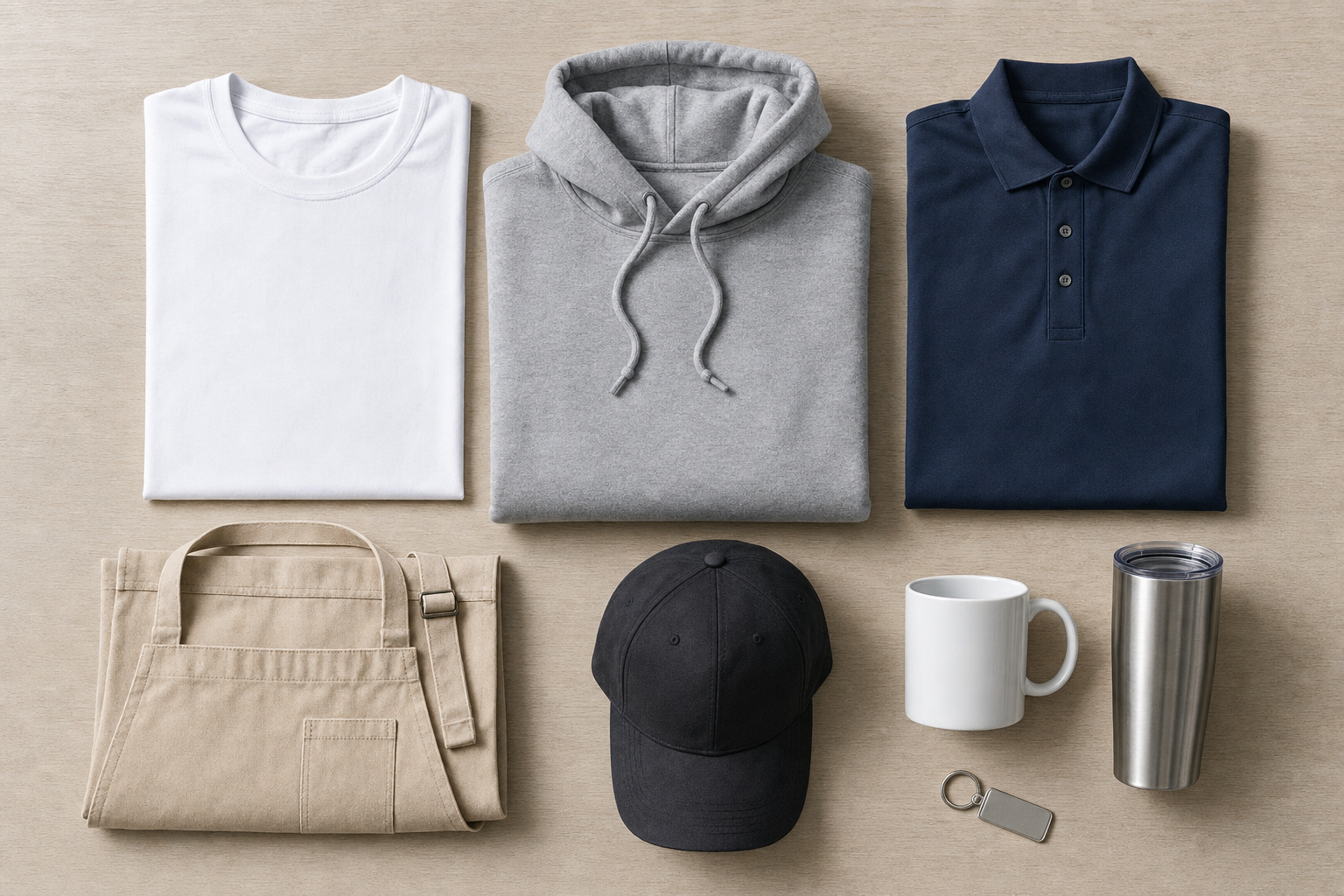Assortment of blank apparel and accessories, including a white T-shirt, grey hoodie, and navy polo shirt, arranged on a wooden surface.