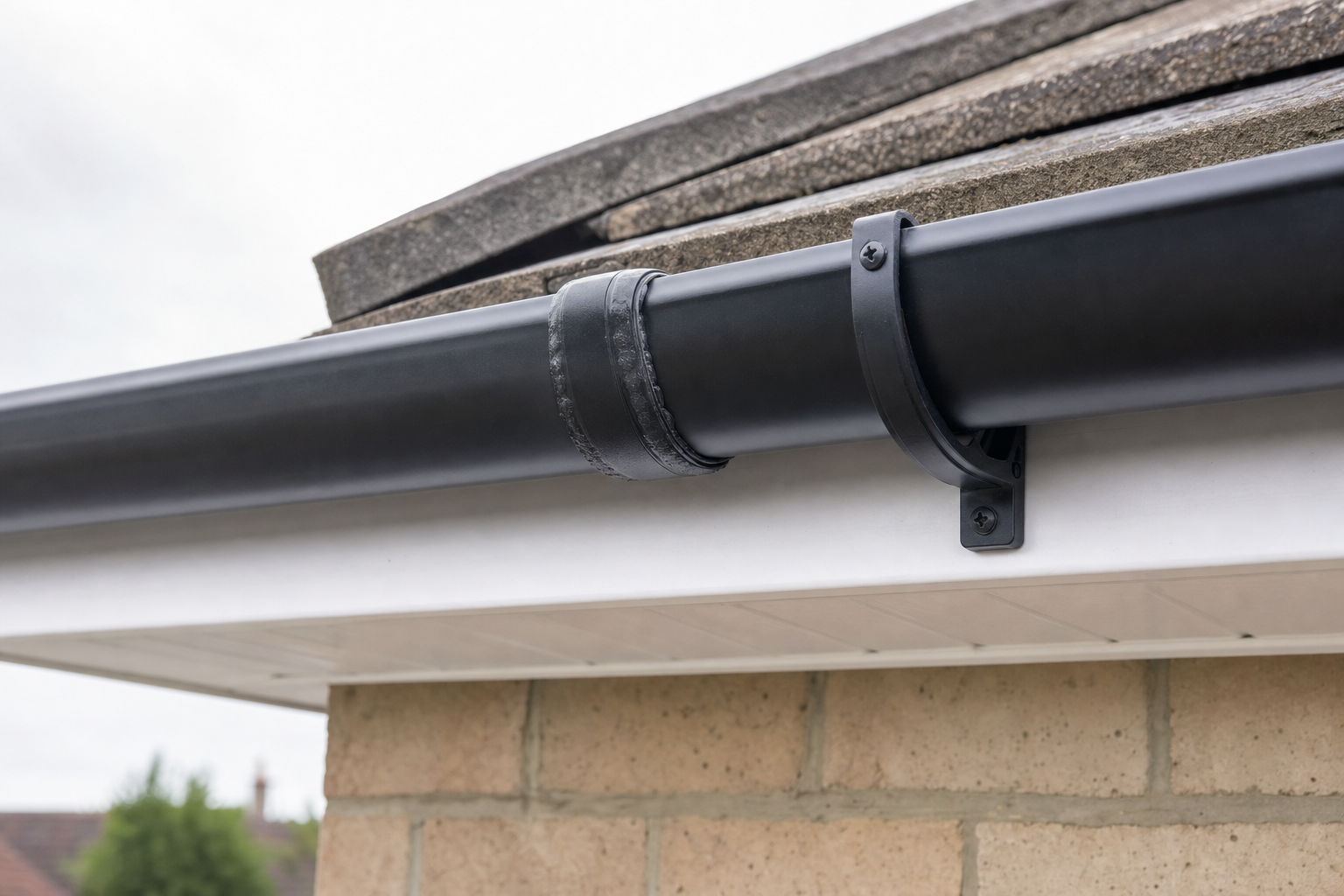 A black rain gutter is attached to a sloped roof on a brick house.