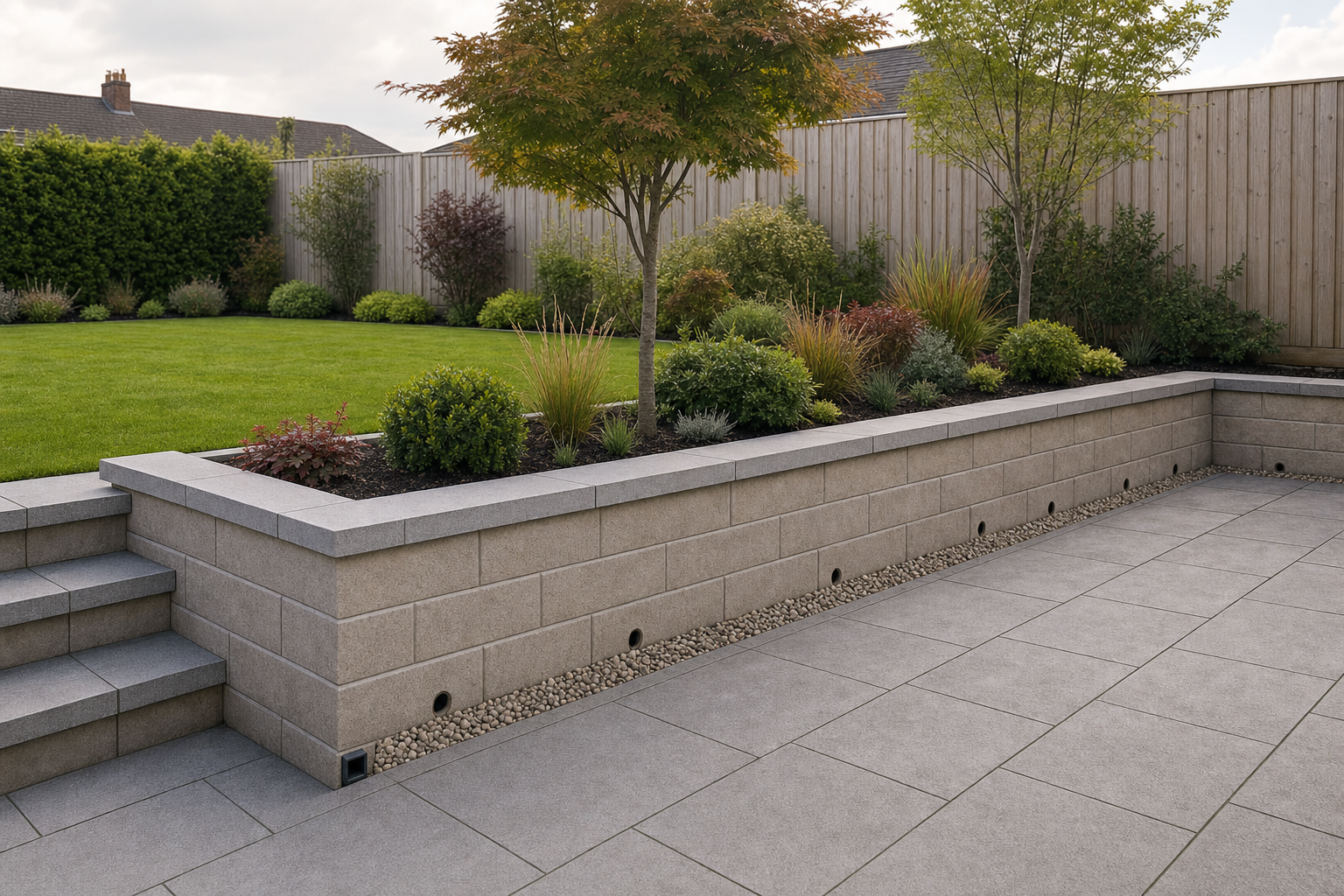 Modern garden with a patio, raised stone planters, lush greenery, and a wooden fence in the background.