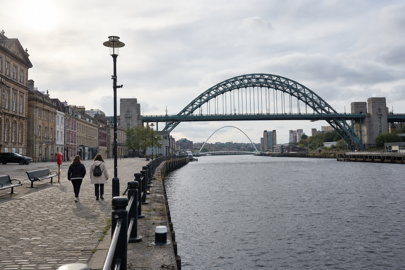 Two people walk along a riverside promenade near a large arch bridge under a cloudy sky.