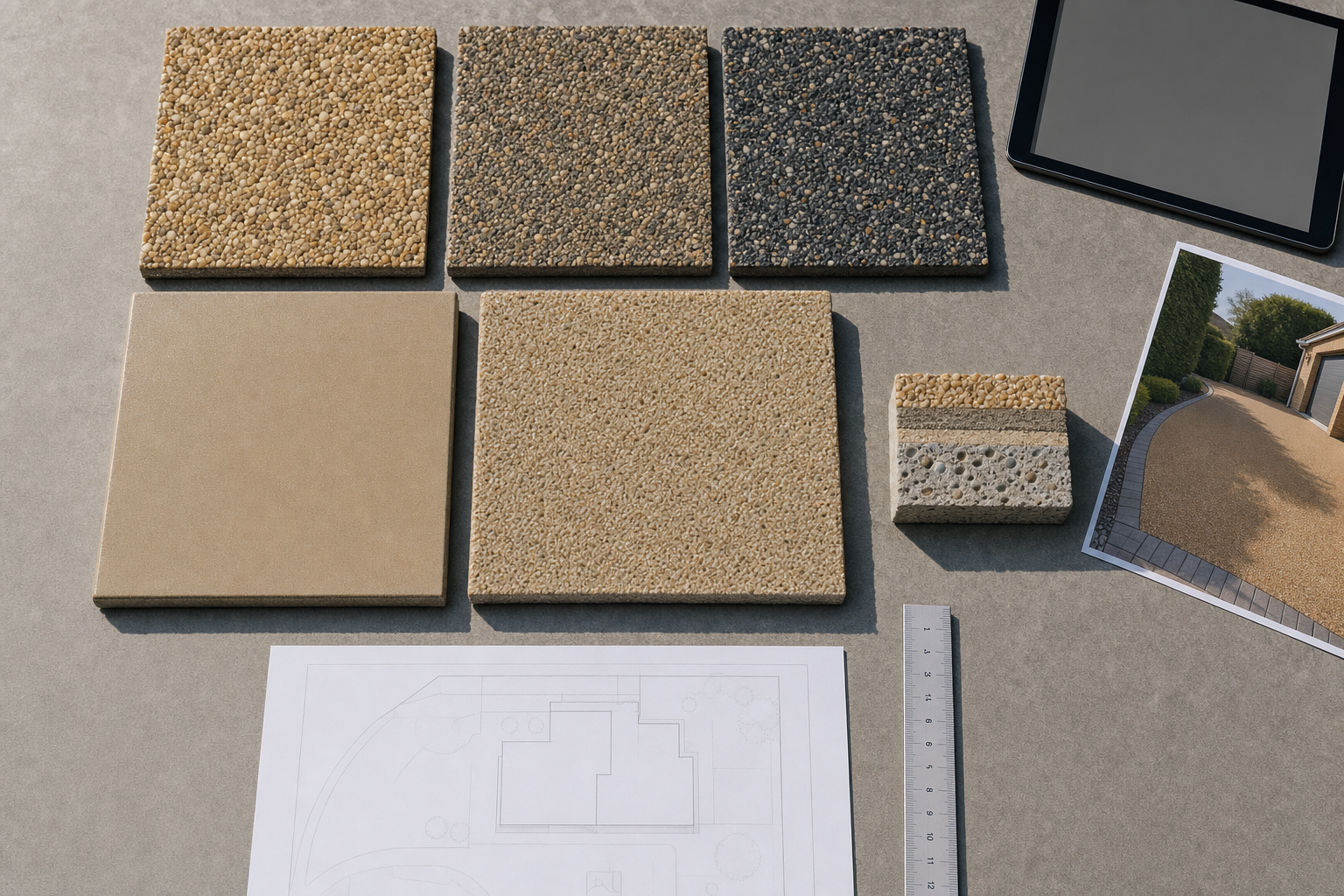 Various paving slabs arranged on a table with a digital tablet, printed photo of a driveway, and architectural plan.