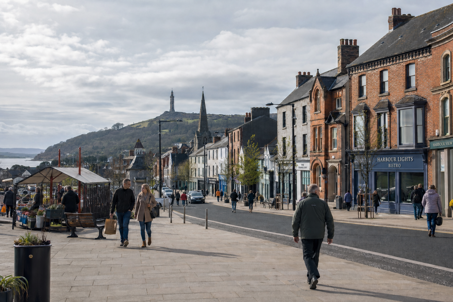 A busy street in a coastal town with people walking by shops and a hill with a tower in the background.