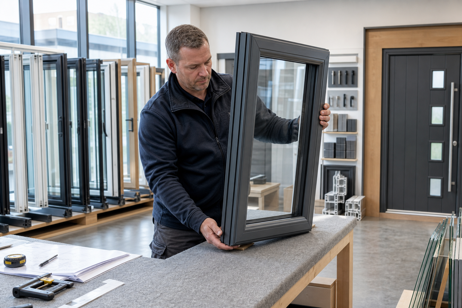Man examining a window frame in a showroom with various frames and tools around him.