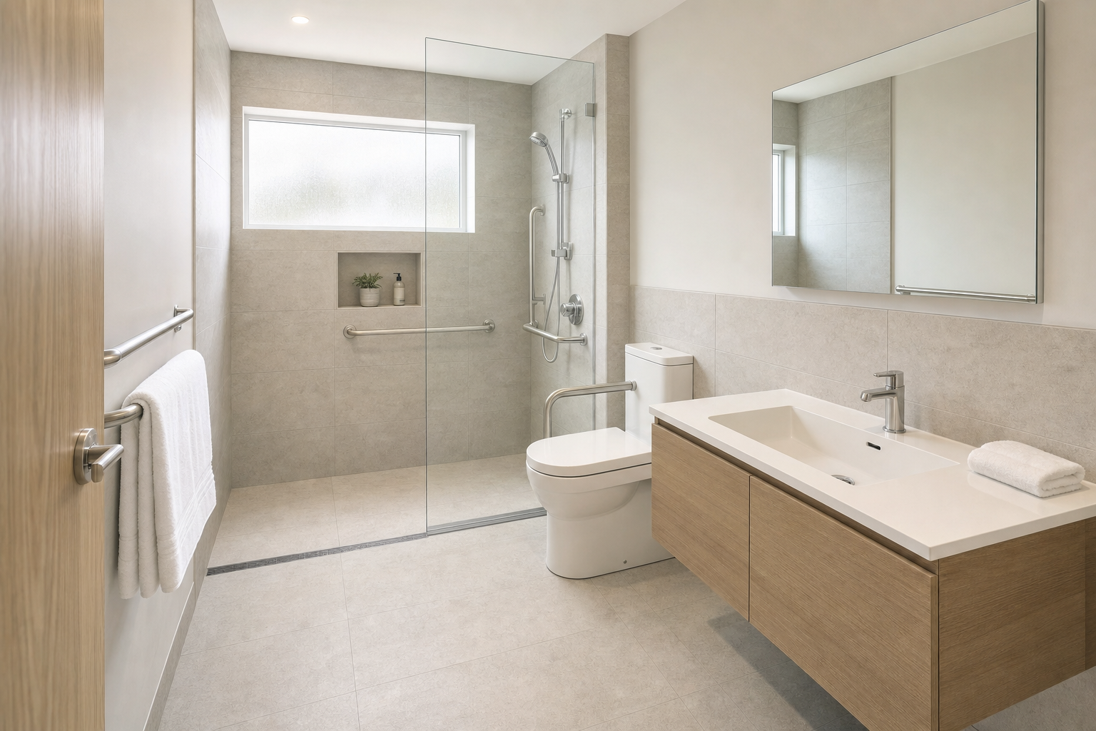 Modern bathroom with a walk-in shower, white toilet, and wooden vanity under a large mirror.