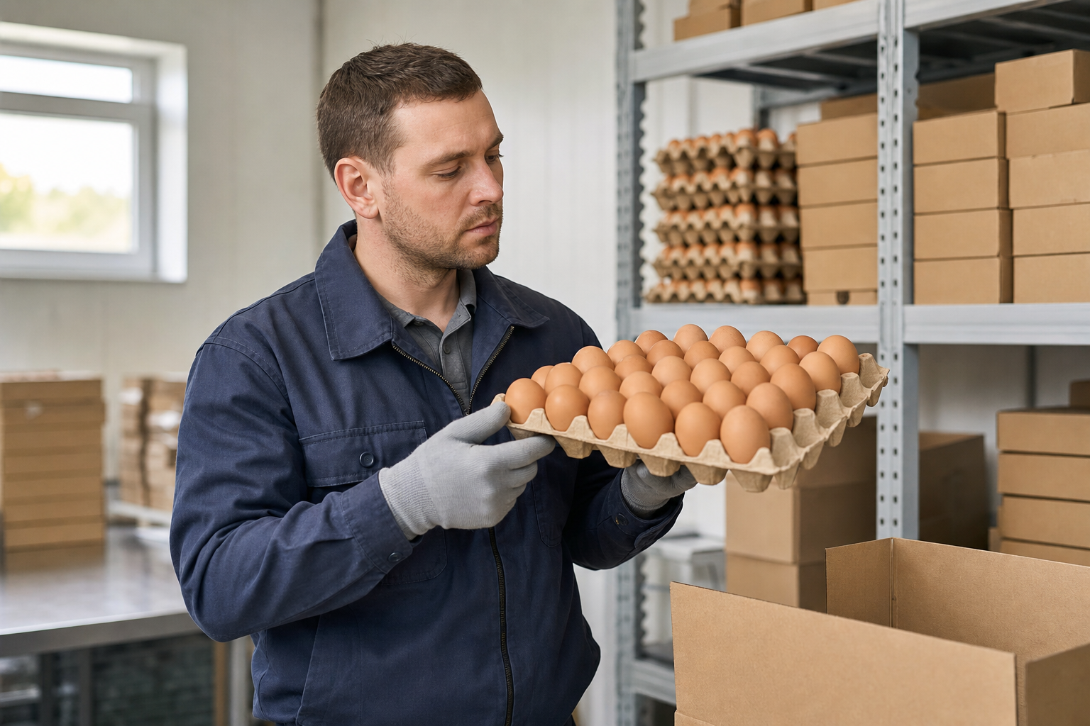 A man examines a tray of brown eggs in a warehouse with stacked boxes and shelving.