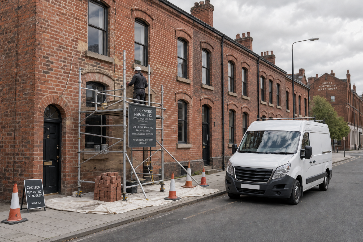 Builder on scaffolding repointing brickwork of a terraced house, with cones, a van, and signage indicating the ongoing work.