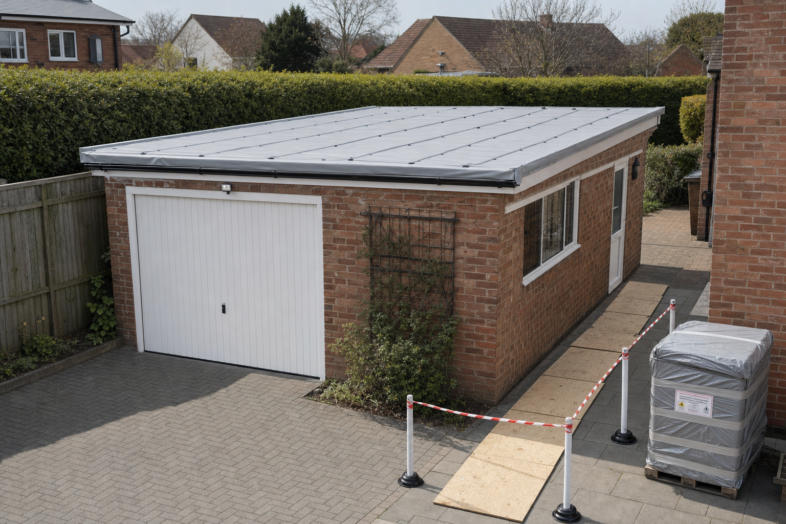 A brick garage with a white door, adjacent to a house, featuring a temporary plywood walkway and covered pallet.
