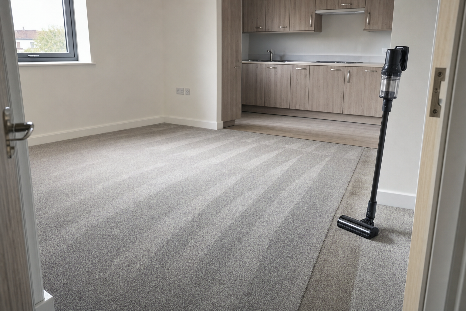 Vacuum cleaner stands on a freshly vacuumed carpet in an empty room with a view into a kitchen.