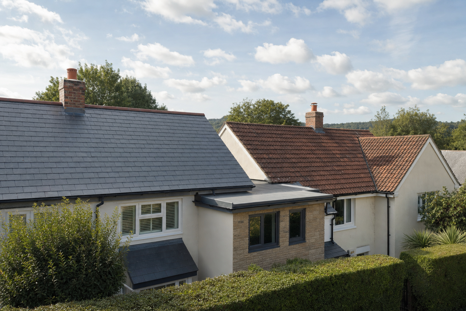 Row of suburban houses with different coloured roofs and a hedge in front, under a partly cloudy sky.