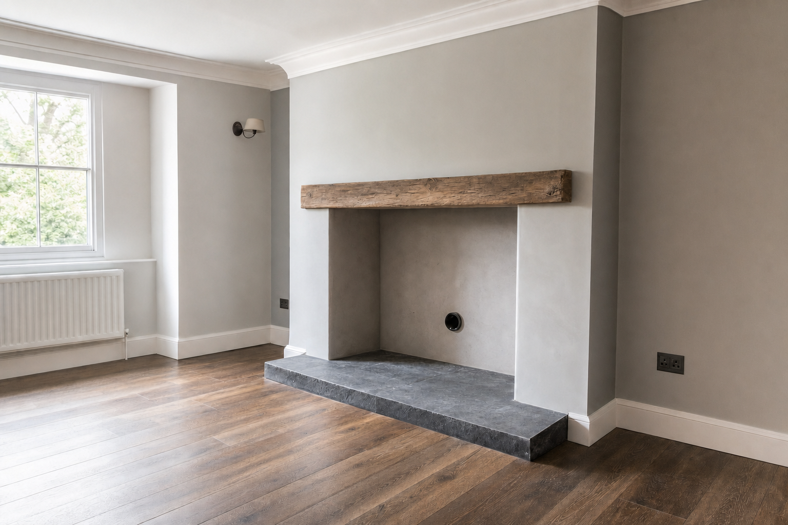Empty room with wooden floors, a stone fireplace with a wooden mantel, and a window with a view of greenery.