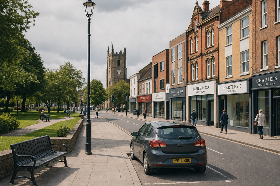 A parked car on a quiet street with shops and a historic church tower in the background.